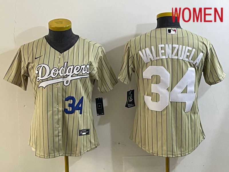 Women Los Angeles Dodgers #34 Valenzuela Green Stripe Game 2024 Nike MLB Jersey style 3